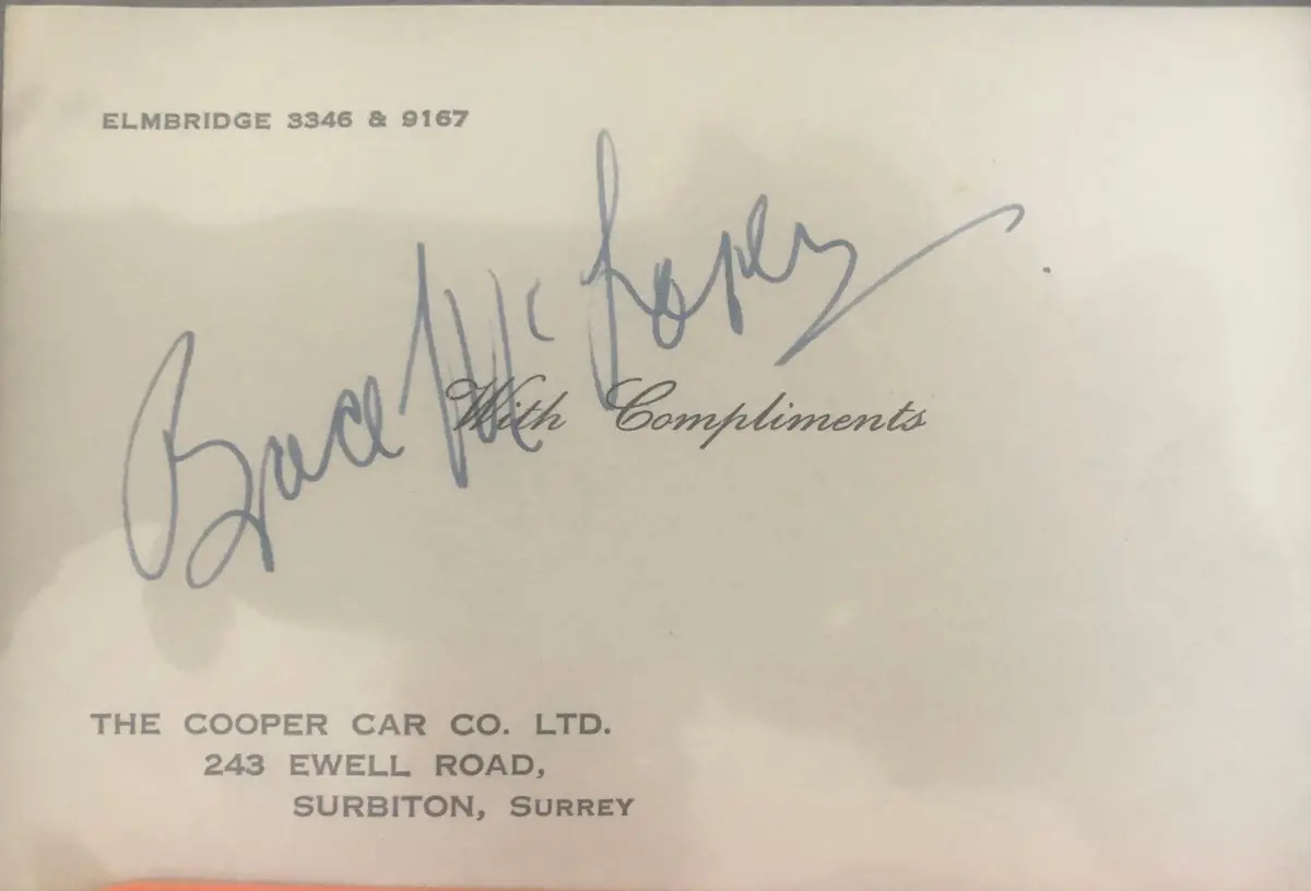 Bruce Mclaren Autograph On Cooper Compliments Slip 1