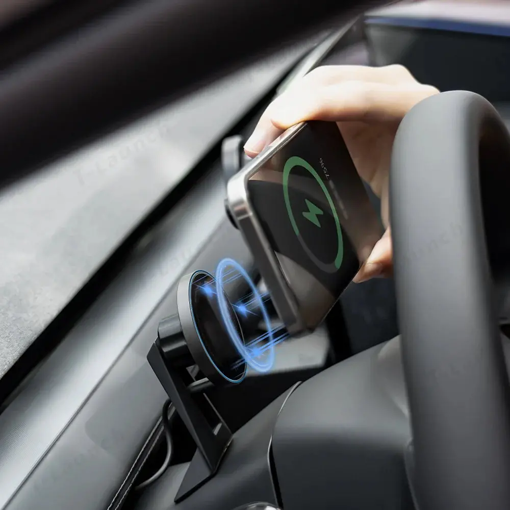 Dashboard Steering Wheel Phone Holder Magnetic Magsafe Wireless Charging Phone Holder For Tesla Model 3 / Y (2017-2025) 2