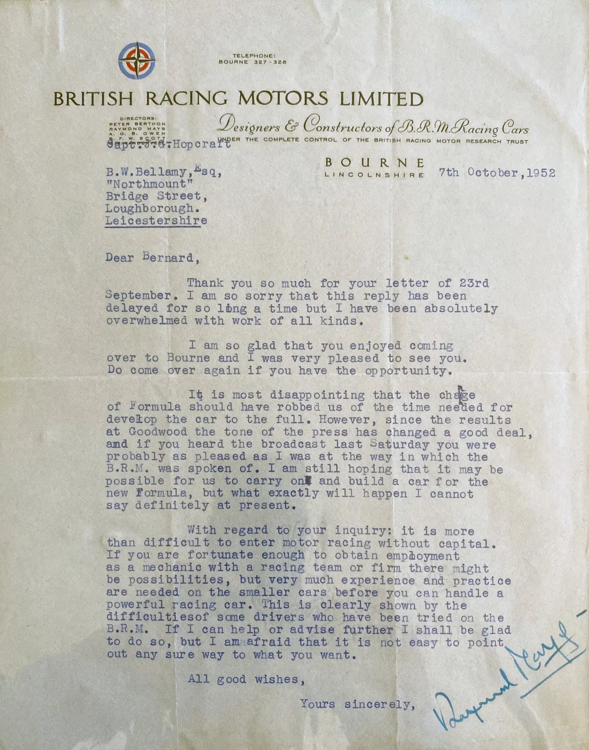 Brm - Raymond Mays - Letter 1