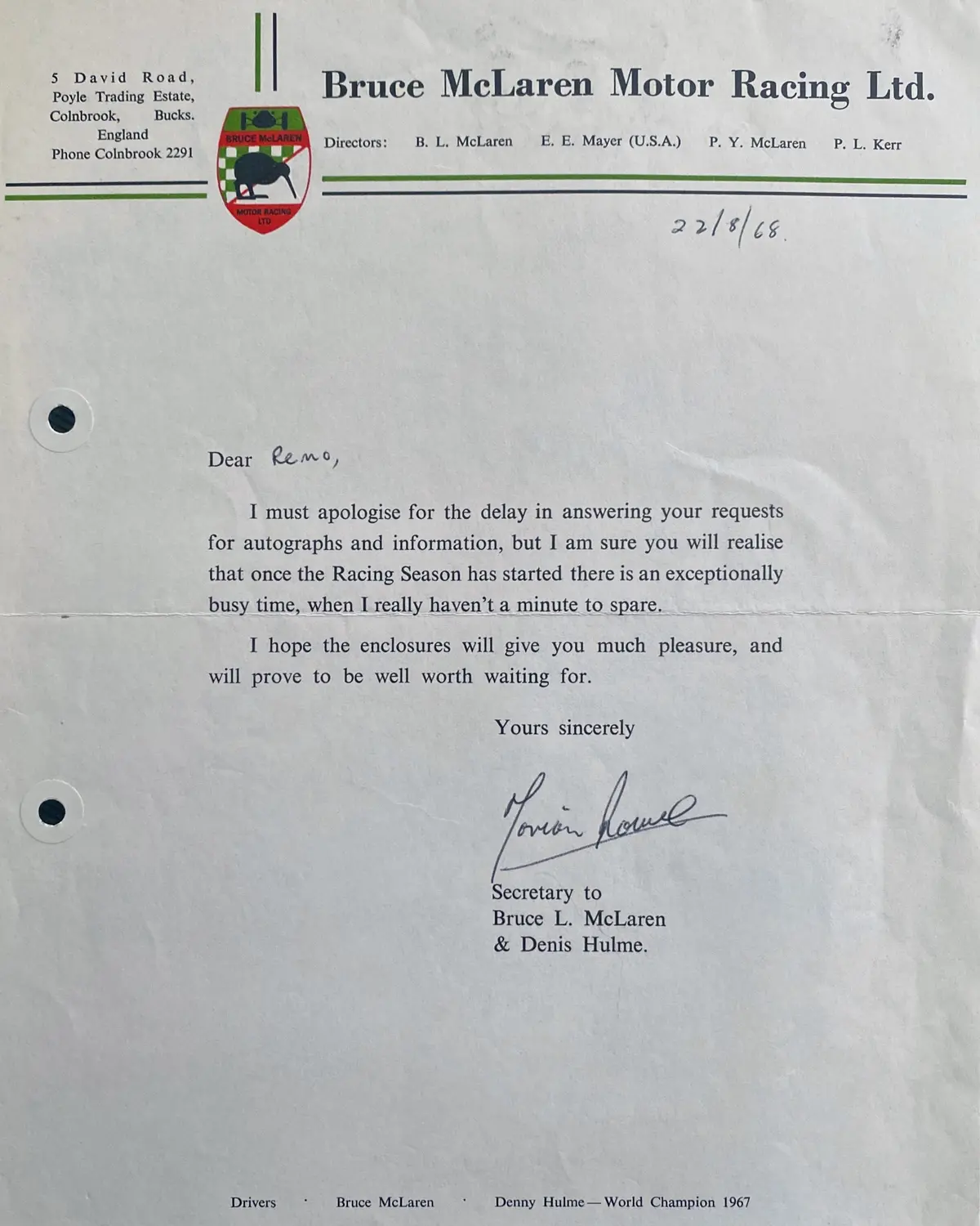 Bruce Mclaren Motor Racing Letter 1