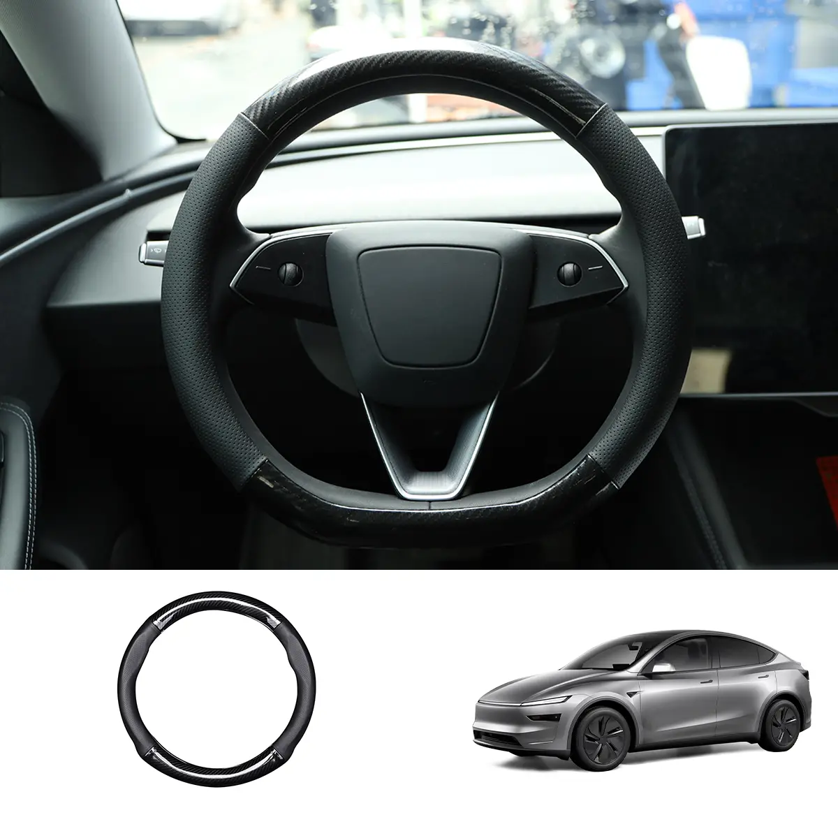 D-Shaped Carbon Pattern Leather Steering Wheel Cover For Tesla Model Y Juniper 2025+ 1