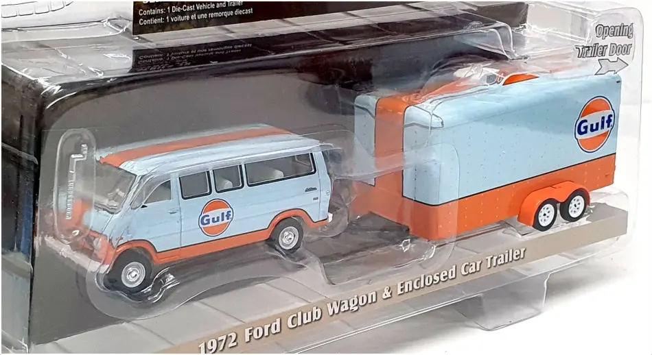 Greenlight 1/64 Scale 32200-B 1972 Ford Club Wagon & Enclosed Car Trailer Gulf 1
