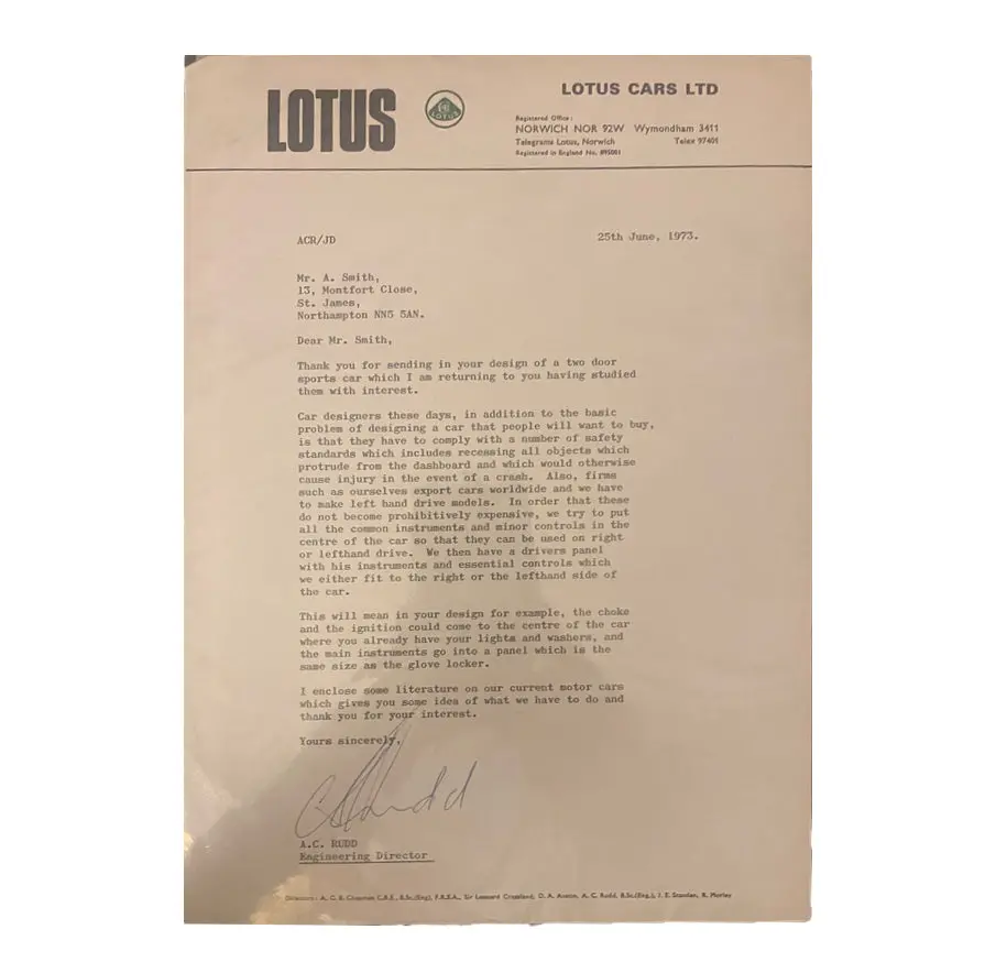 Lotus Letter Signed Tony Rudd 1
