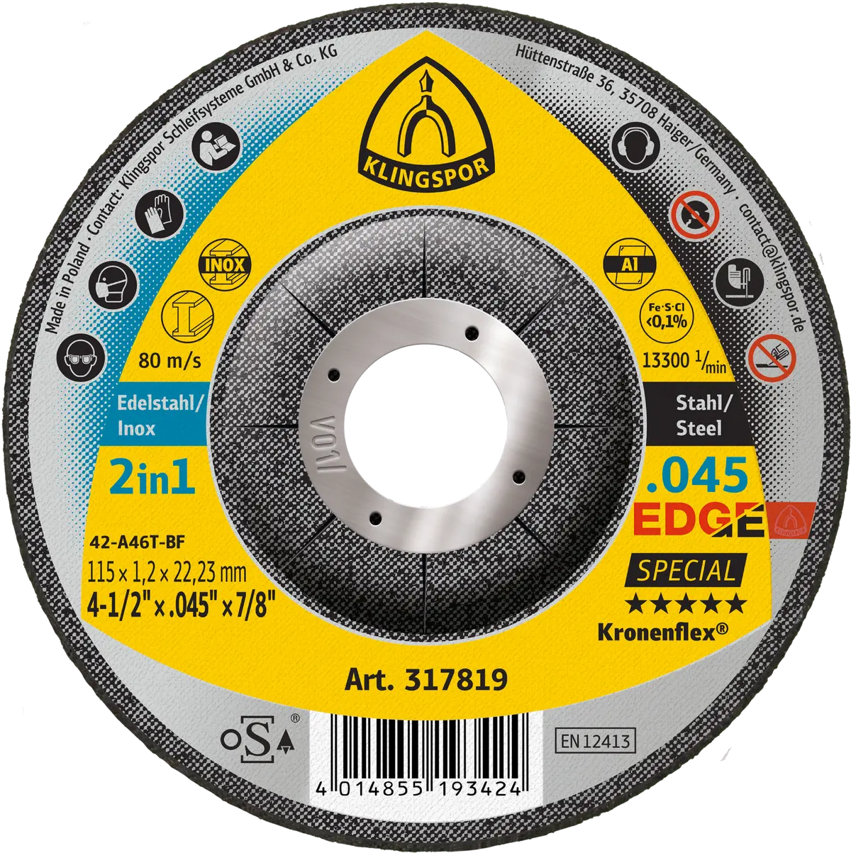 Klingspor Edge 317819 4-1/2 In. X 0.045 In. X 7/8 In. Deep Cut Off Wheel 1