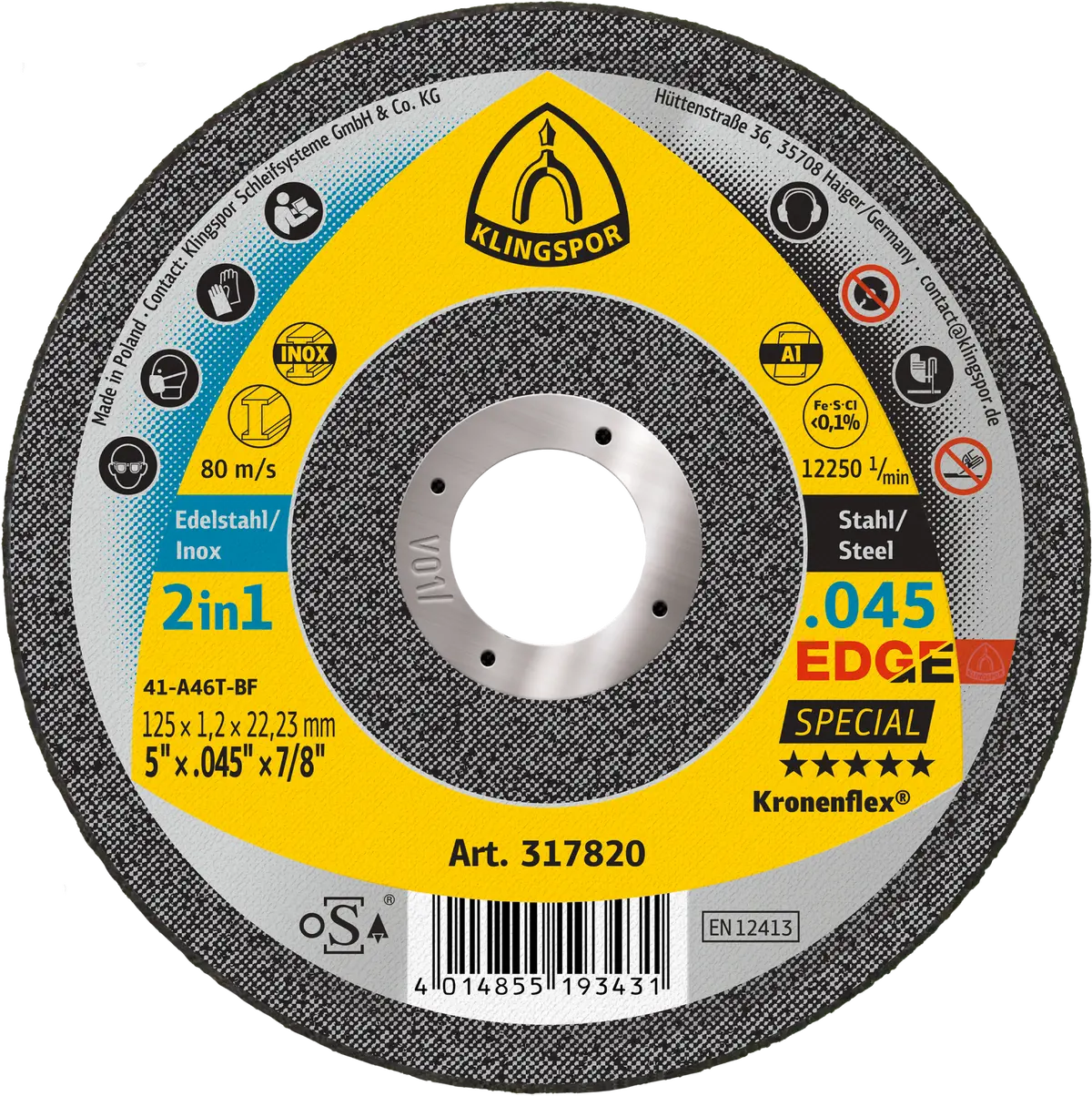Klingspor Edge 317820 5 In. X 0.045 In. X 7/8 In. Flat Cut Off Wheel 1