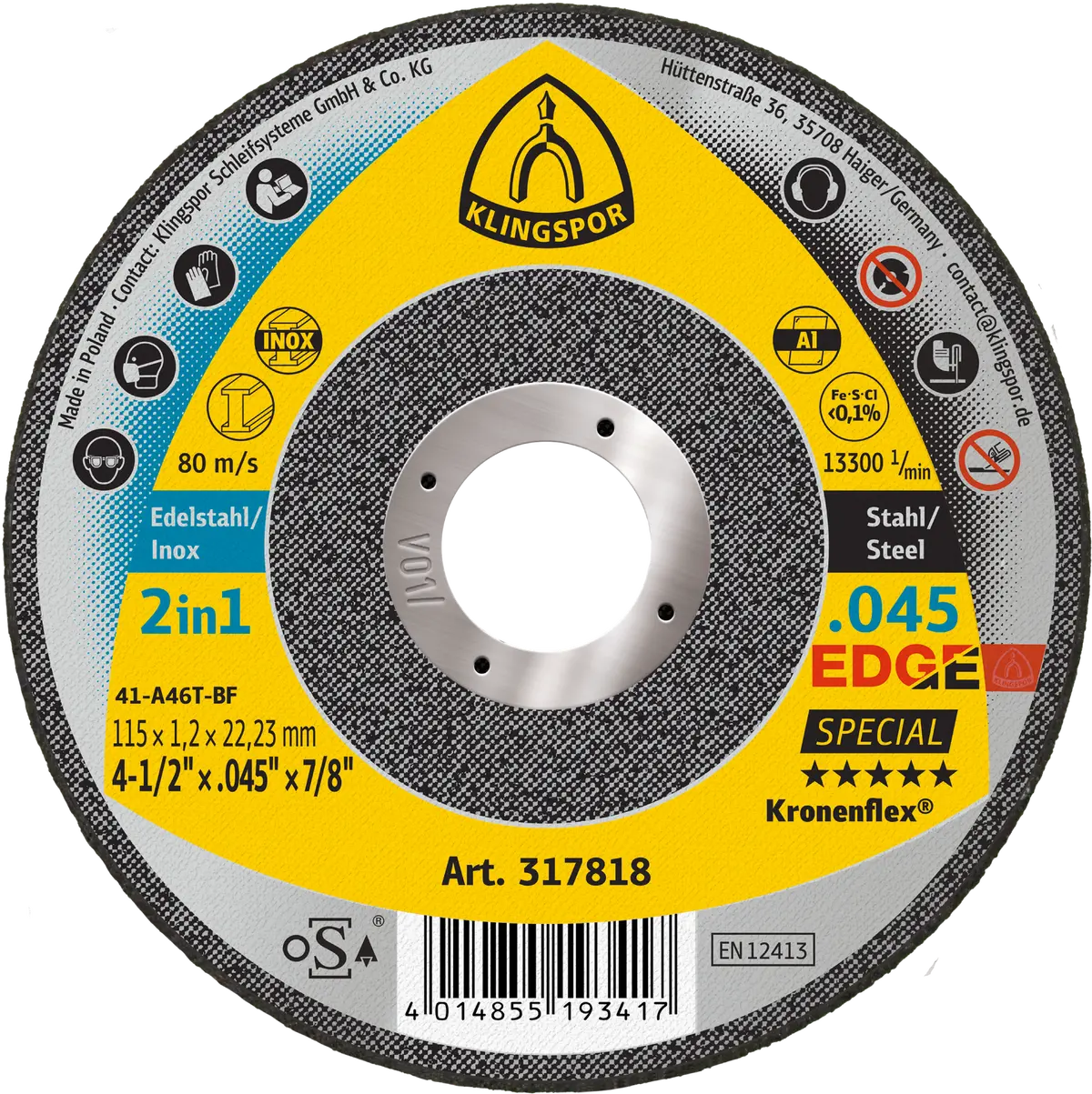 Klingspor Edge 317818 4-1/2 In. X 0.045 In. X 7/8 In. Flat Cut Off Wheel 1