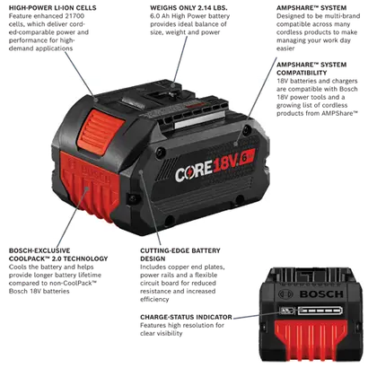 Bosch Gba18v60 18V Core18v® Lithium-Ion 6 Ah High Power Battery 2