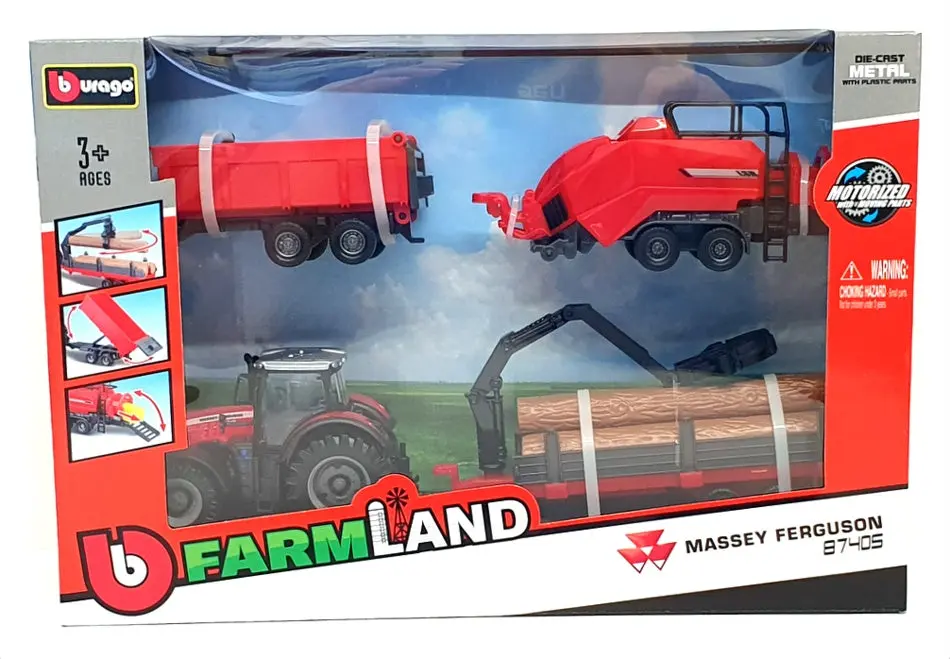 Burago 1/50 Scale 18-31668Mf - Massey Ferguson 8740S & 3 Trailers 1